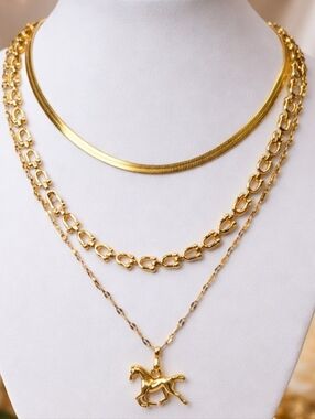 Coastal Cowgirl Layered Necklace Stack Horse Pendant 18KGP Gold Plated
